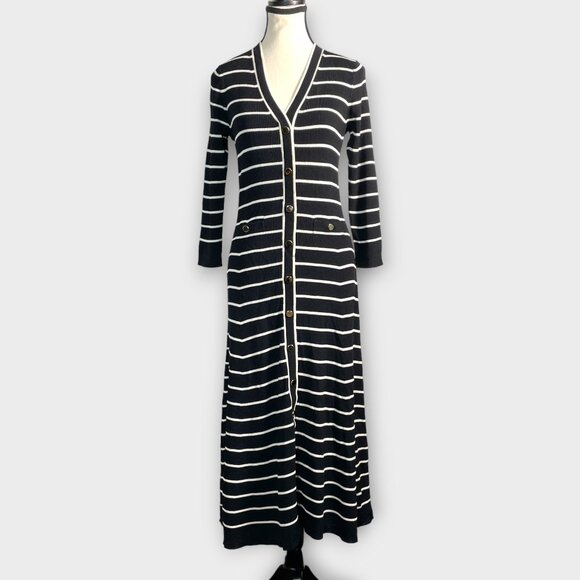 HOBBS LONDON LTD Belmont Knit Midi Dress Sz 8 US Black White Stripe - Picture 2 of 9